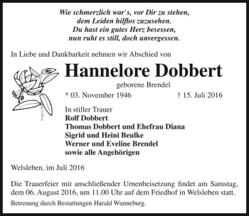 Traueranzeige von Hannelore Dobbert (geb. Brendel)  von Magdeburger Volksstimme
