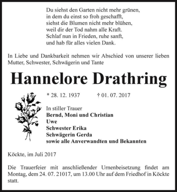 Traueranzeige von Hannelore Drathring  von Magdeburger Volksstimme