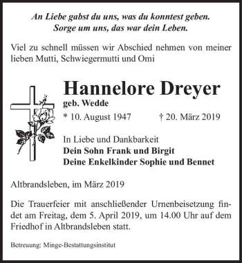 Traueranzeige von Hannelore Dreyer (geb. Wedde)  von Magdeburger Volksstimme