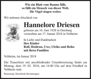 Traueranzeige von Hannelore Driesen  von Magdeburger Volksstimme