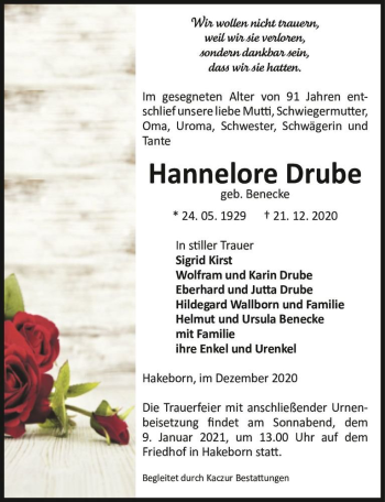 Traueranzeige von Hannelore Drube (geb. Benecke)  von Magdeburger Volksstimme
