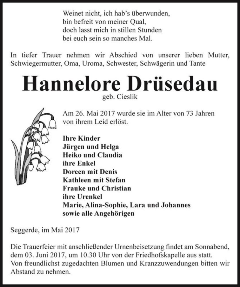  Traueranzeige für Hannelore Drüsedau (geb. Cieslik)  vom 30.05.2017 aus Magdeburger Volksstimme