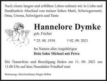 Traueranzeige von Hannelore Dymke (geb. Fischer)  von Magdeburger Volksstimme