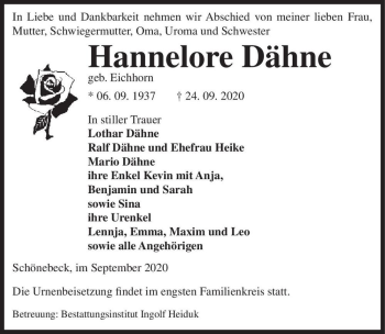 Traueranzeige von Hannelore Dähne (geb. Eichhorn)  von Magdeburger Volksstimme