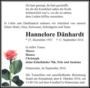 Traueranzeige von Hannelore Dänhardt  von Magdeburger Volksstimme