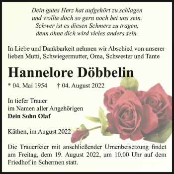 Traueranzeige von Hannelore Döbbelin  von Magdeburger Volksstimme