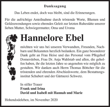 Traueranzeige von Hannelore Ebel  von Magdeburger Volksstimme