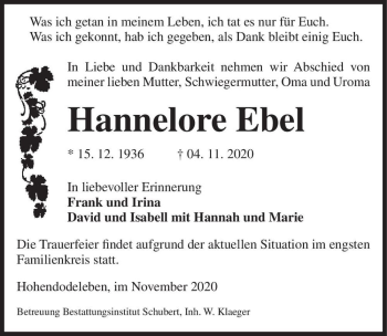 Traueranzeige von Hannelore Ebel  von Magdeburger Volksstimme