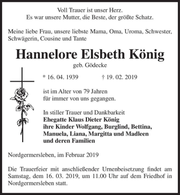Traueranzeige von Hannelore Elsbeth König (geb. Gödecke)  von Magdeburger Volksstimme