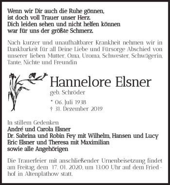 Traueranzeige von Hannelore Elsner (geb. Schröder)  von Magdeburger Volksstimme