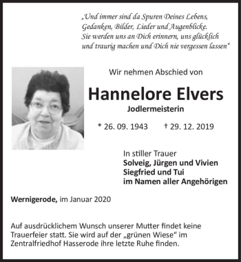 Traueranzeige von Hannelore Elvers  von Magdeburger Volksstimme