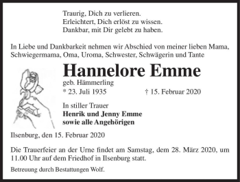 Traueranzeige von Hannelore Emme (geb. Hämmerling)  von Magdeburger Volksstimme