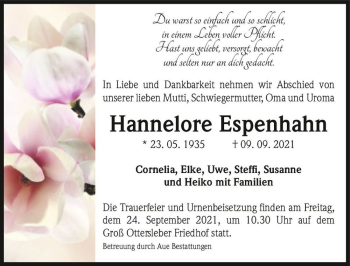 Traueranzeige von Hannelore Espenhahn  von Magdeburger Volksstimme