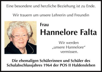 Traueranzeige von Hannelore Falta  von Magdeburger Volksstimme