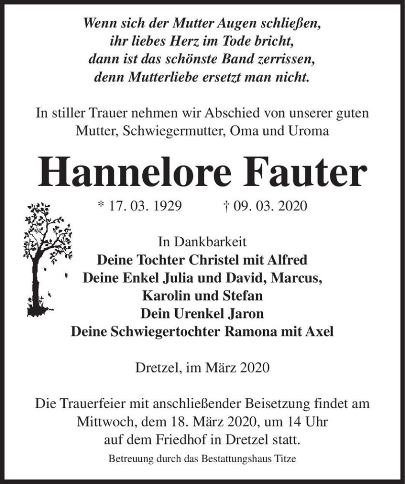  Traueranzeige für Hannelore Fauter  vom 14.03.2020 aus Magdeburger Volksstimme
