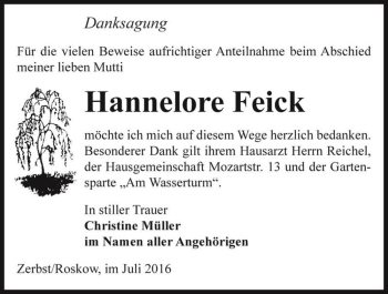 Traueranzeige von Hannelore Feick  von Magdeburger Volksstimme