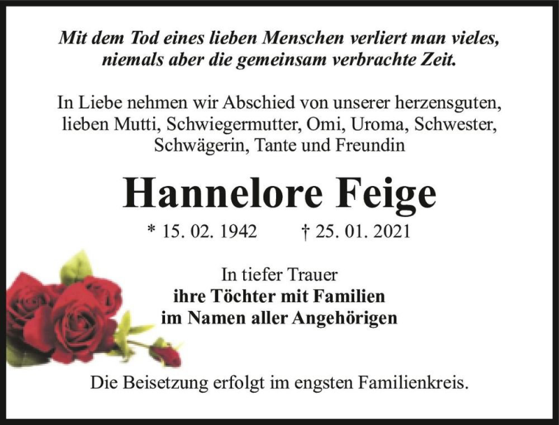  Traueranzeige für Hannelore Feige  vom 30.01.2021 aus Magdeburger Volksstimme