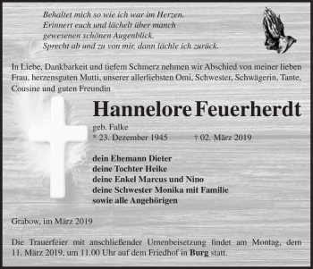 Traueranzeige von Hannelore Feuerherdt (geb. Falke)  von Magdeburger Volksstimme