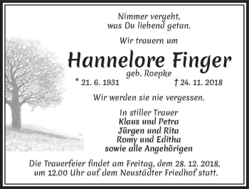 Traueranzeige von Hannelore Finger (geb. Roepke)  von Magdeburger Volksstimme
