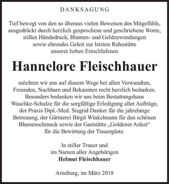 Traueranzeige von Hannelore Fleischhauer  von Magdeburger Volksstimme