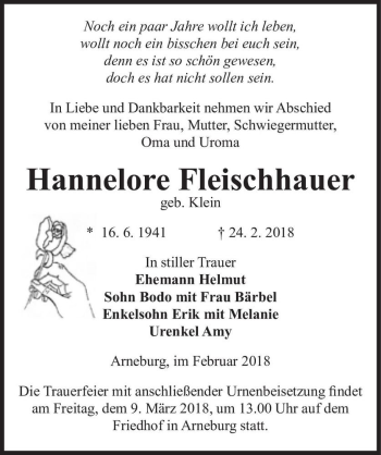 Traueranzeige von Hannelore Fleischhauer (geb. Klein)  von Magdeburger Volksstimme