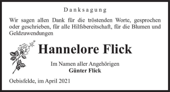 Traueranzeige von Hannelore Flick  von Magdeburger Volksstimme