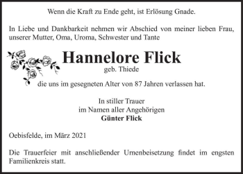 Traueranzeige von Hannelore Flick (geb. Thiede)  von Magdeburger Volksstimme