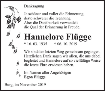Traueranzeige von Hannelore Flügge  von Magdeburger Volksstimme