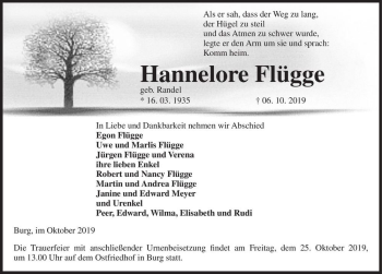 Traueranzeige von Hannelore Flügge (geb. Randel)  von Magdeburger Volksstimme