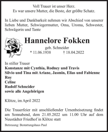 Traueranzeige von Hannelore Fokken (geb. Schneider)  von Magdeburger Volksstimme