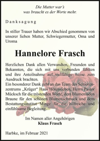 Traueranzeige von Hannelore Frasch  von Magdeburger Volksstimme