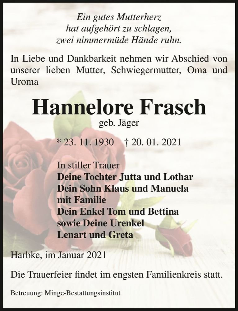  Traueranzeige für Hannelore Frasch (geb. Jäger)  vom 29.01.2021 aus Magdeburger Volksstimme