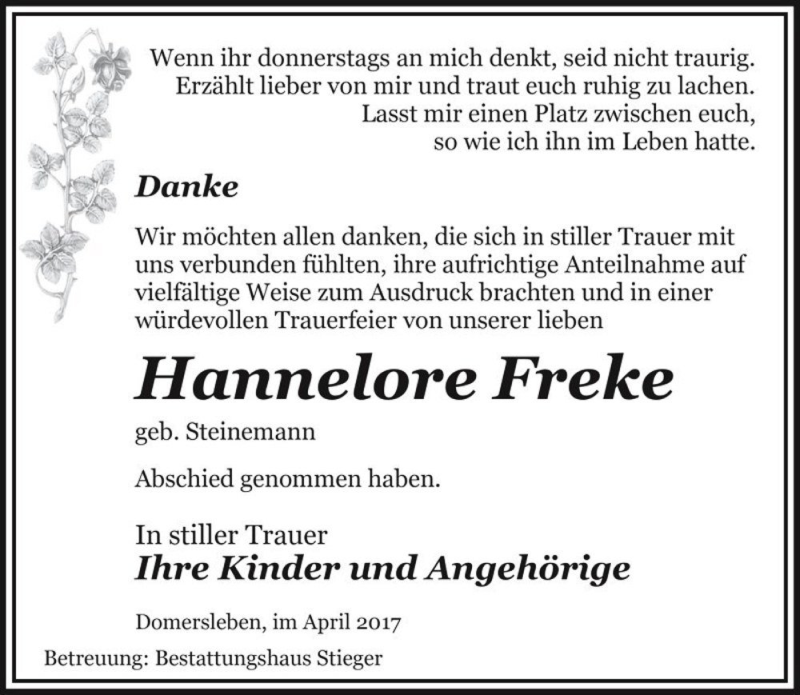  Traueranzeige für Hannelore Freke (geb. Steinemann)  vom 06.05.2017 aus Magdeburger Volksstimme