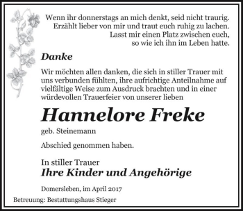 Traueranzeige von Hannelore Freke (geb. Steinemann)  von Magdeburger Volksstimme