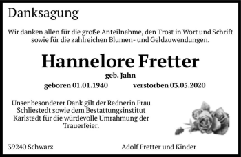 Traueranzeige von Hannelore Fretter (geb. Jahn)  von Magdeburger Volksstimme