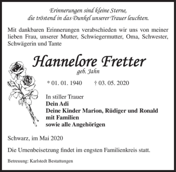 Traueranzeige von Hannelore Fretter (geb. Jahn)  von Magdeburger Volksstimme