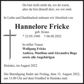 Traueranzeige von Hannelore Fricke (geb. Kraus)  von Magdeburger Volksstimme