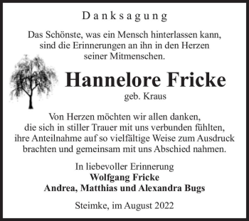 Traueranzeige von Hannelore Fricke (geb. Kraus)  von Magdeburger Volksstimme