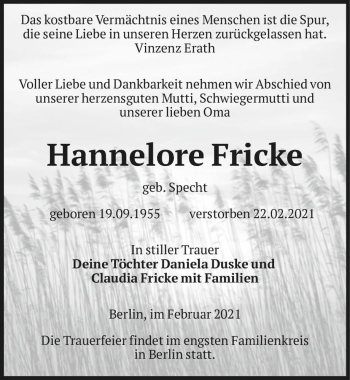 Traueranzeige von Hannelore Fricke (geb. Specht)  von Magdeburger Volksstimme