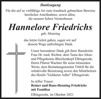 Traueranzeige von Hannelore Friedrichs (geb. Mensing)  von Magdeburger Volksstimme