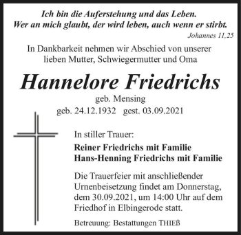 Traueranzeige von Hannelore Friedrichs (geb. Mensing)  von Magdeburger Volksstimme