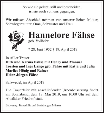 Traueranzeige von Hannelore Fähse (geb. Vollbehr)  von Magdeburger Volksstimme