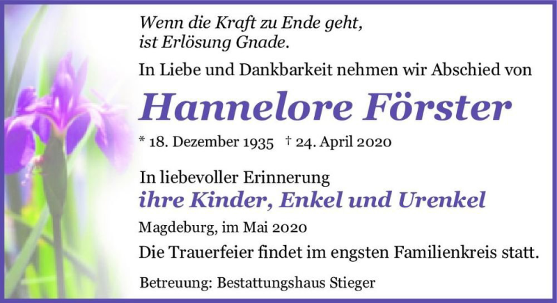  Traueranzeige für Hannelore Förster  vom 09.05.2020 aus Magdeburger Volksstimme