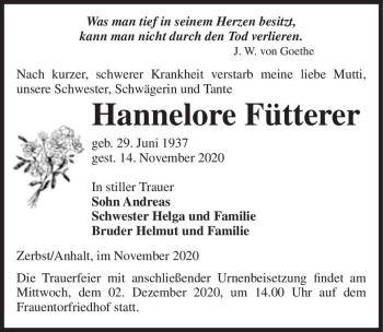 Traueranzeige von Hannelore Fütterer  von Magdeburger Volksstimme