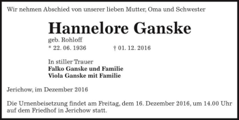 Traueranzeige von Hannelore Ganske (geb. Rohloff)  von Magdeburger Volksstimme