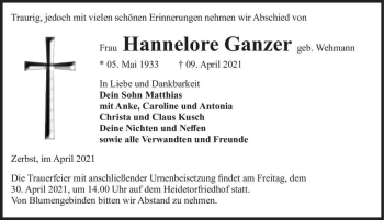 Traueranzeige von Hannelore Ganzer (geb. Wehmann)  von Magdeburger Volksstimme