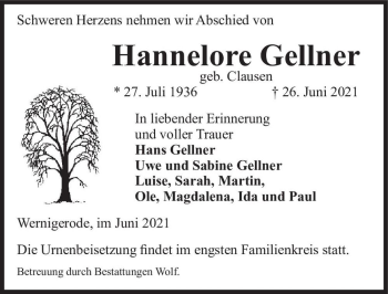 Traueranzeige von Hannelore Gellner (geb. Clausen)  von Magdeburger Volksstimme
