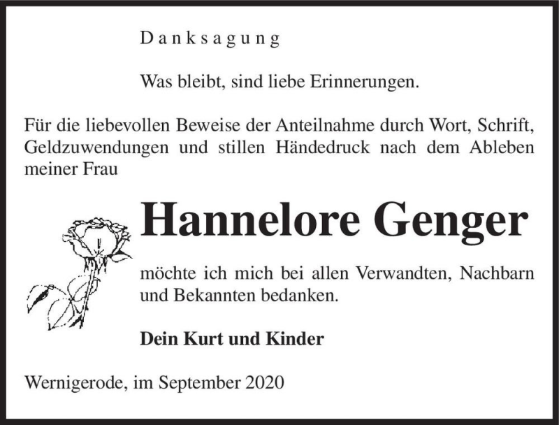  Traueranzeige für Hannelore Genger  vom 17.10.2020 aus Magdeburger Volksstimme