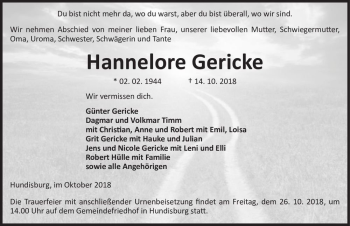 Traueranzeige von Hannelore Gericke  von Magdeburger Volksstimme