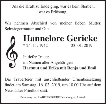 Traueranzeige von Hannelore Gericke  von Magdeburger Volksstimme